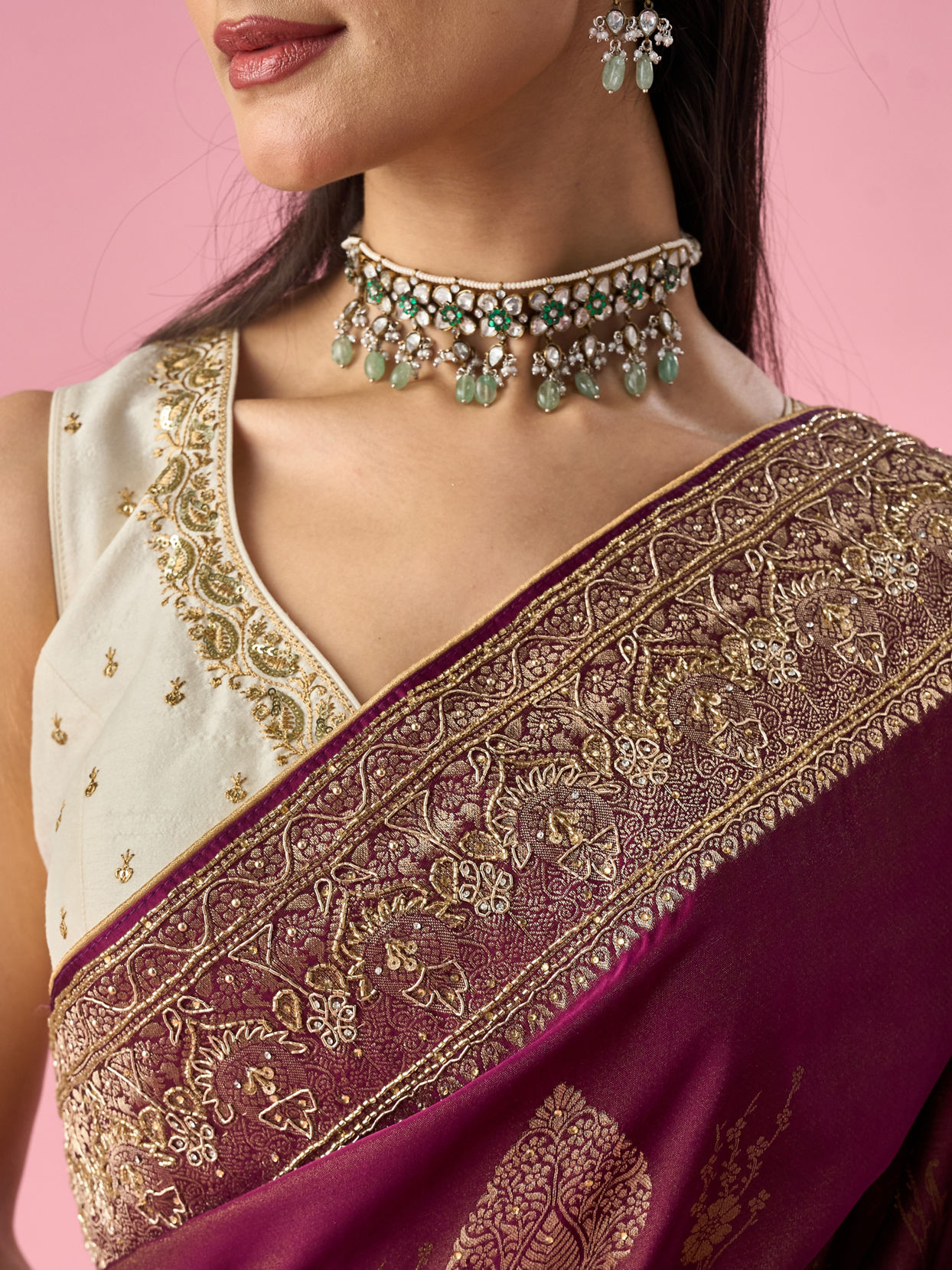 Mohey Women Wine Art Silk Banarasi Saree with Hand Embroidery