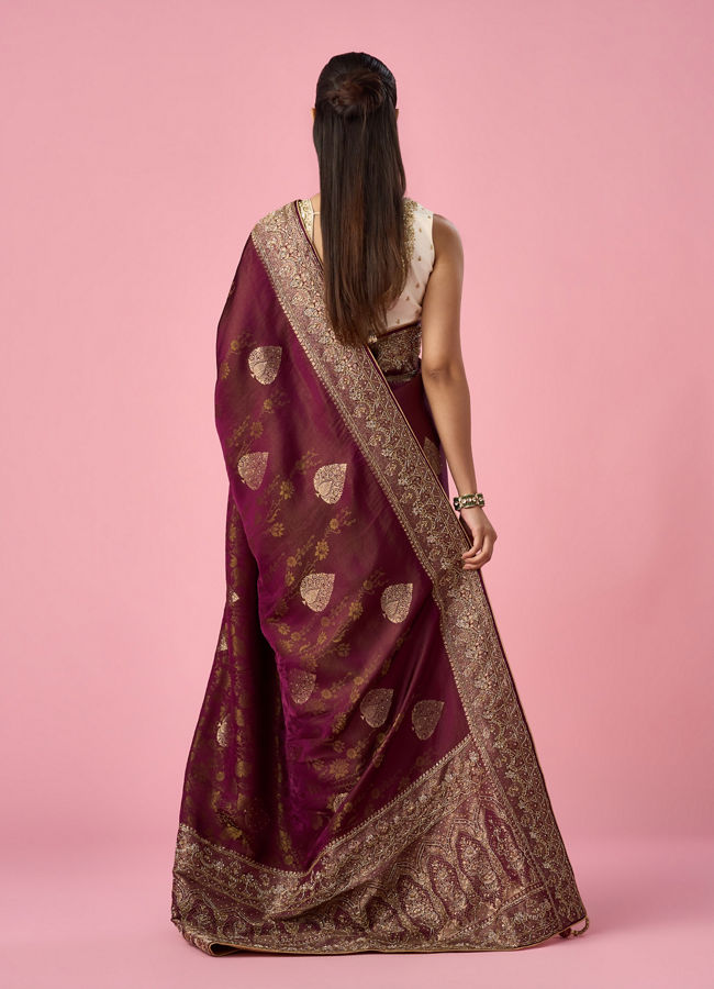Mohey Women Wine Art Silk Banarasi Saree with Hand Embroidery