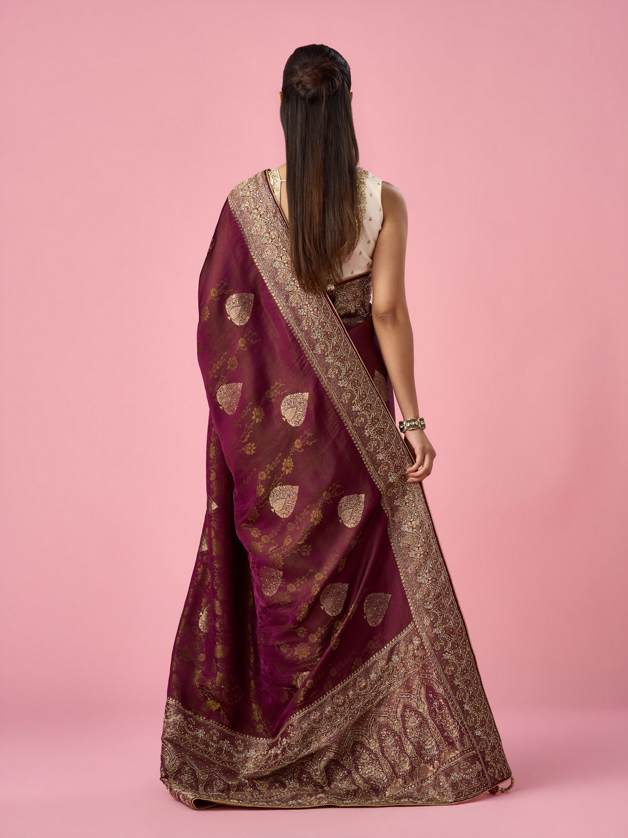 Mohey Women Wine Art Silk Banarasi Saree with Hand Embroidery