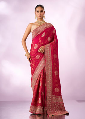 Mohey Women Rani Silk Saree with Hand Embroidery