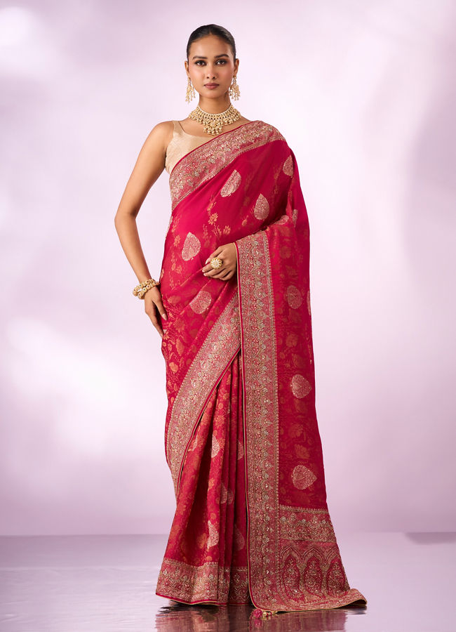 Mohey Women Rani Silk Saree with Hand Embroidery