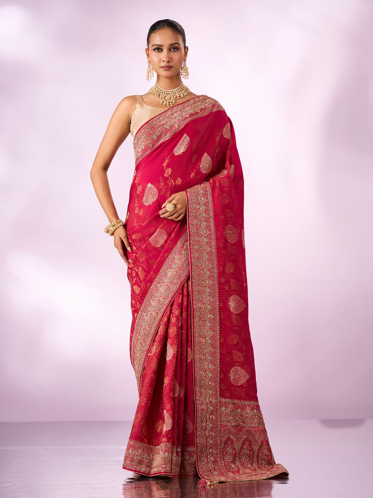 Mohey Women Rani Silk Saree with Hand Embroidery