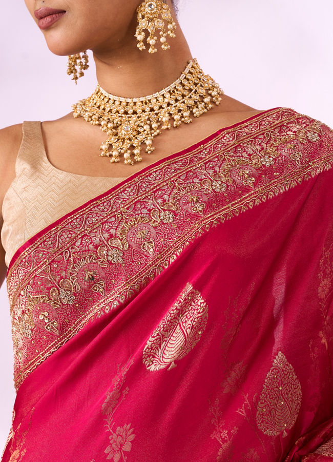 Mohey Women Rani Silk Saree with Hand Embroidery