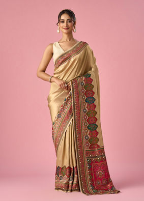 Mohey Women Cream Art Silk Saree with Hand Embroidery