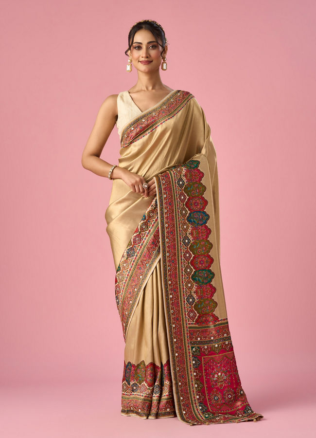 Mohey Women Cream Art Silk Saree with Hand Embroidery