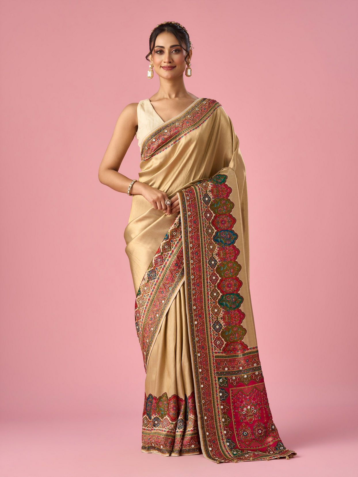 Mohey Women Cream Art Silk Saree with Hand Embroidery