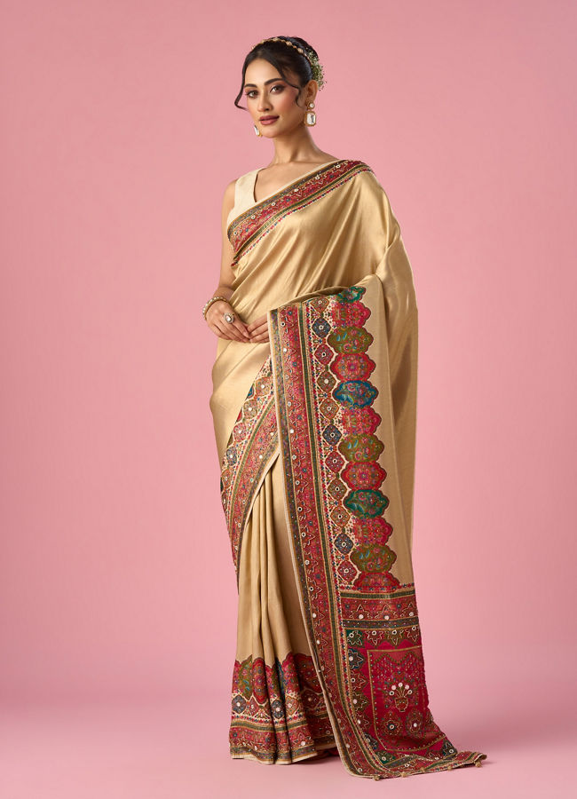Mohey Women Cream Art Silk Saree with Hand Embroidery