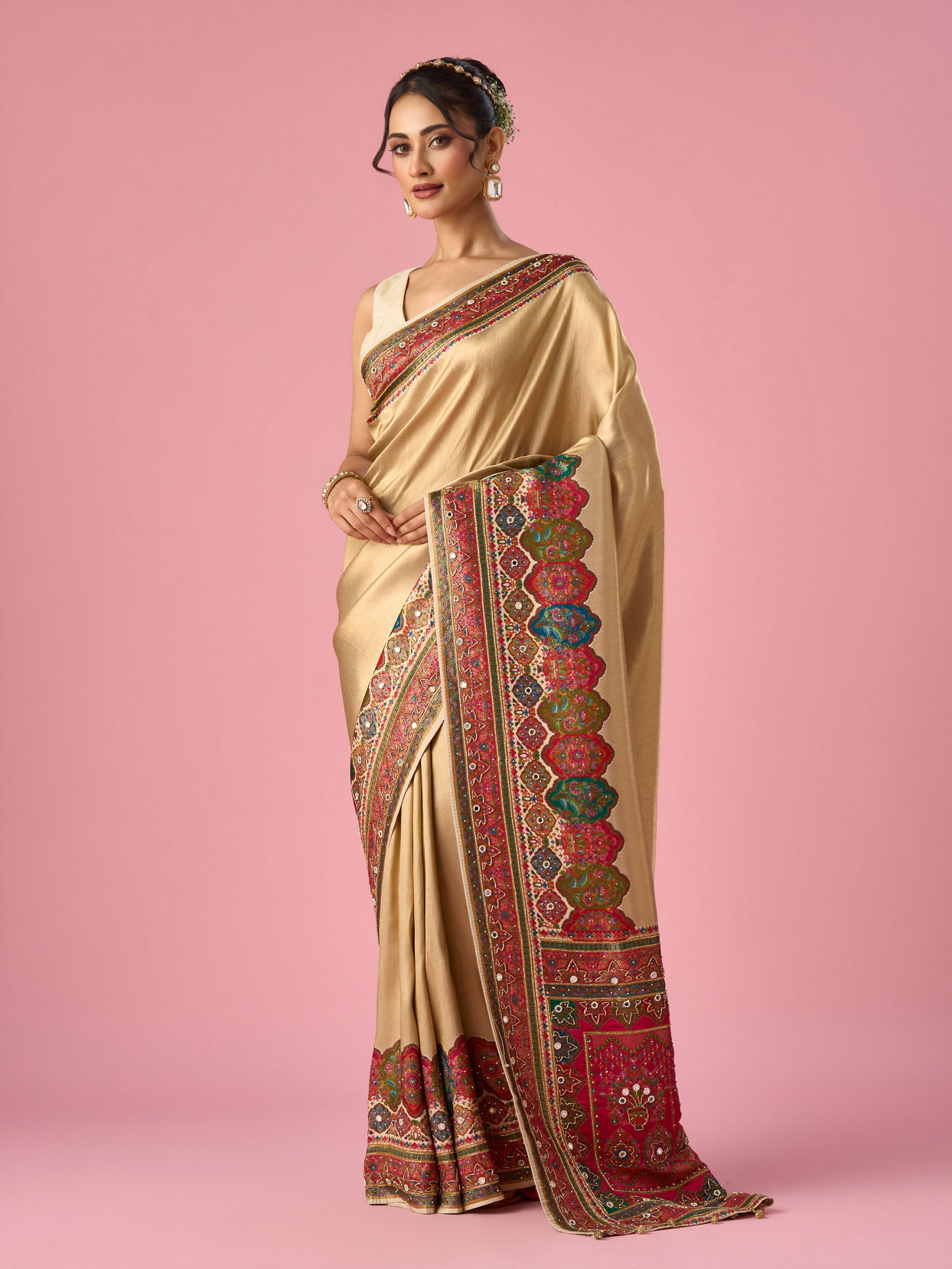 Mohey Women Cream Art Silk Saree with Hand Embroidery