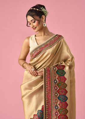Mohey Women Cream Art Silk Saree with Hand Embroidery