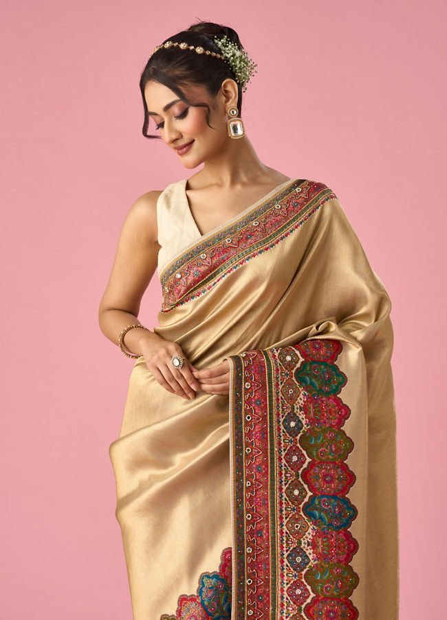 Mohey Women Cream Art Silk Saree with Hand Embroidery