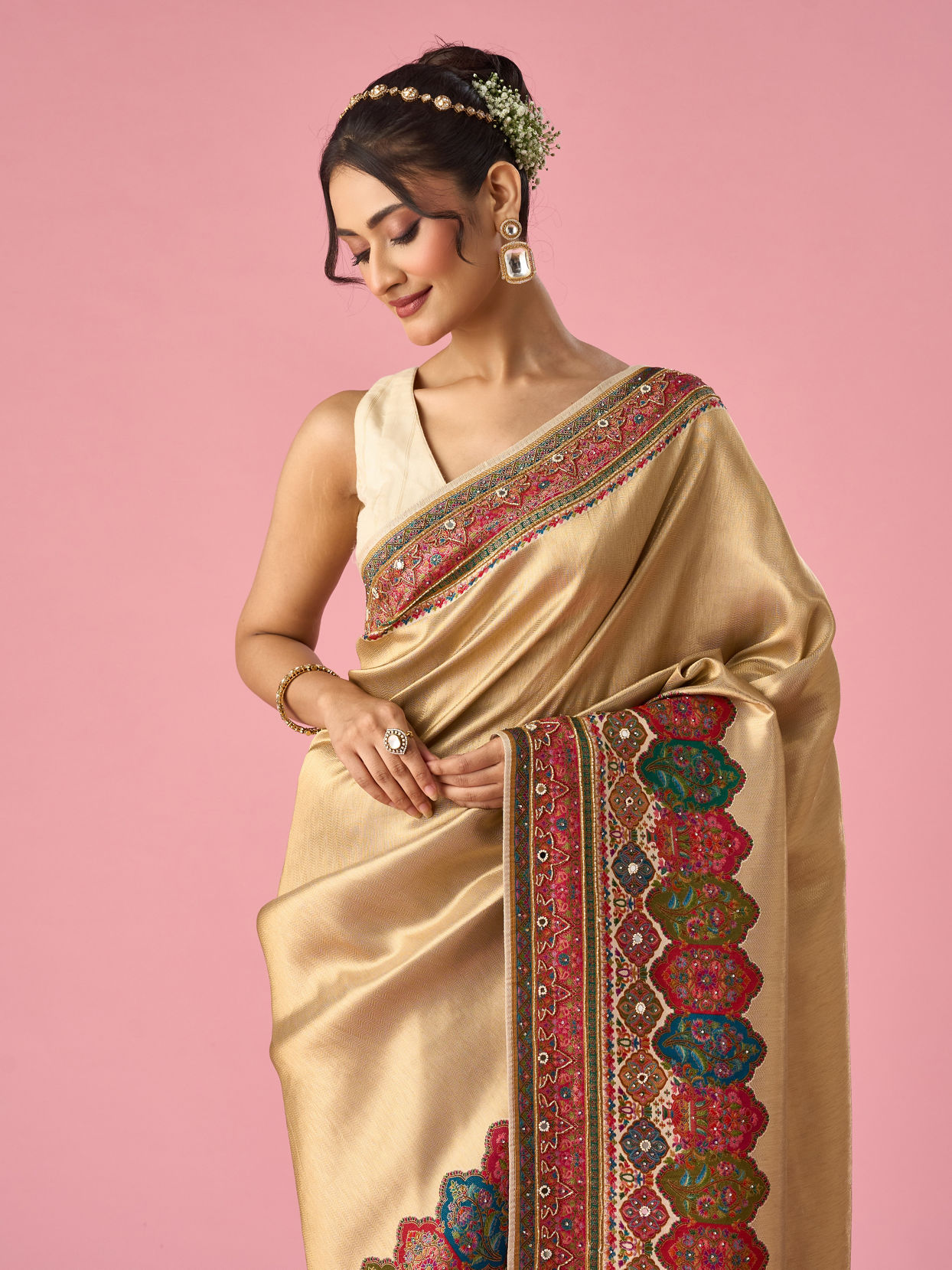 Mohey Women Cream Art Silk Saree with Hand Embroidery