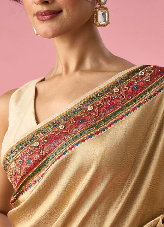 Mohey Women Cream Art Silk Saree with Hand Embroidery