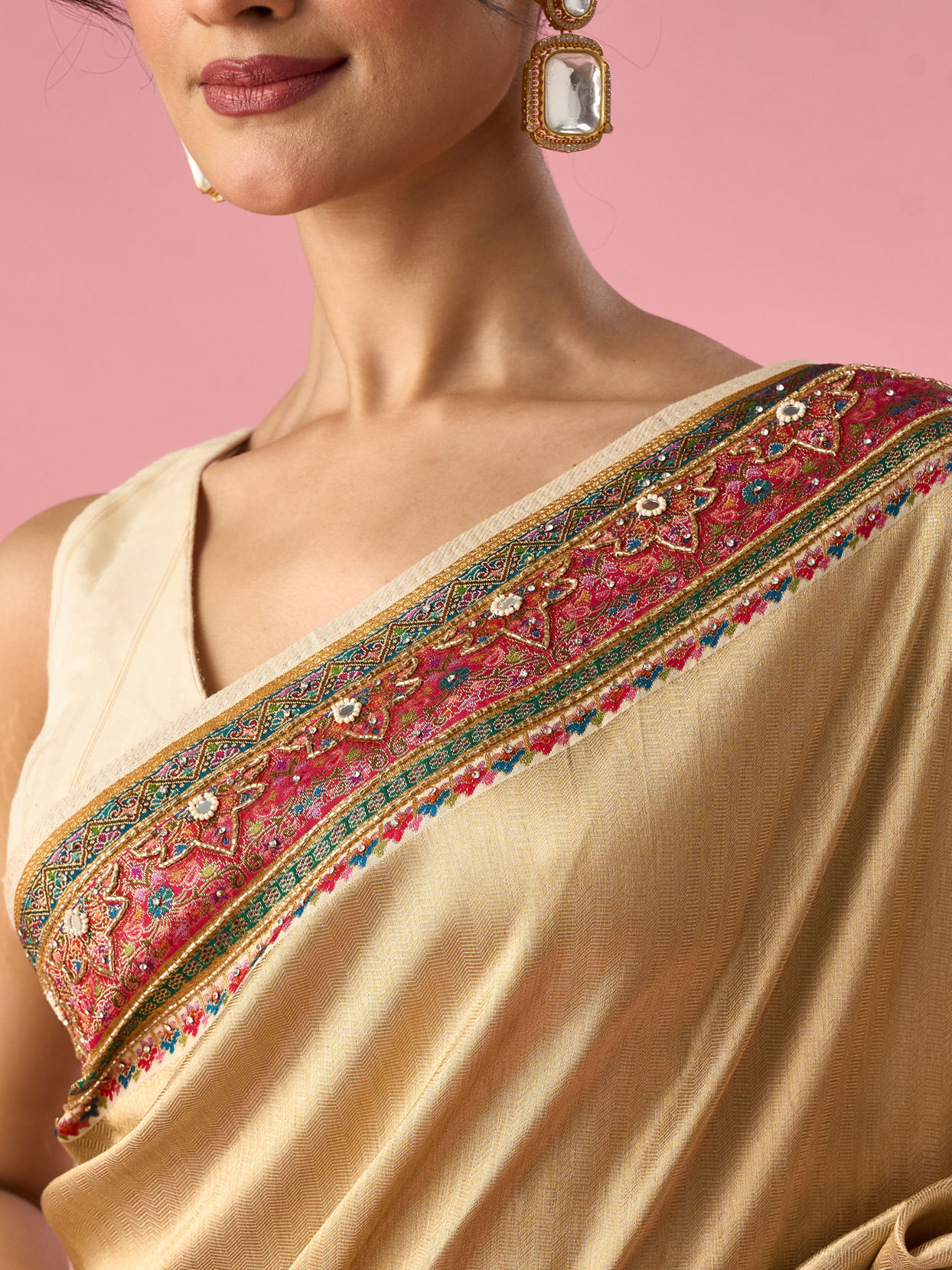 Mohey Women Cream Art Silk Saree with Hand Embroidery