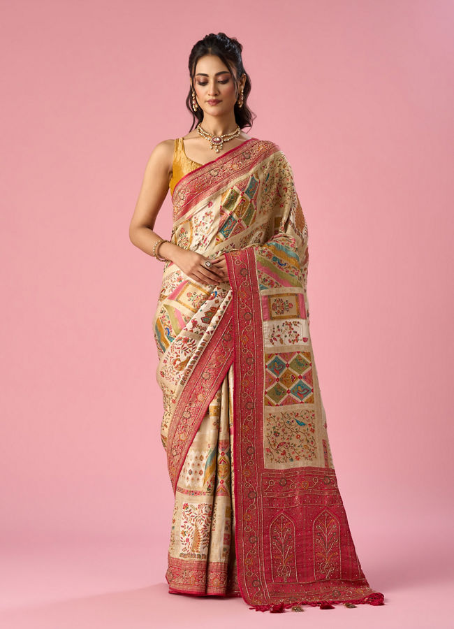Mohey Women Cream Art Silk Saree with Hand Embroidery