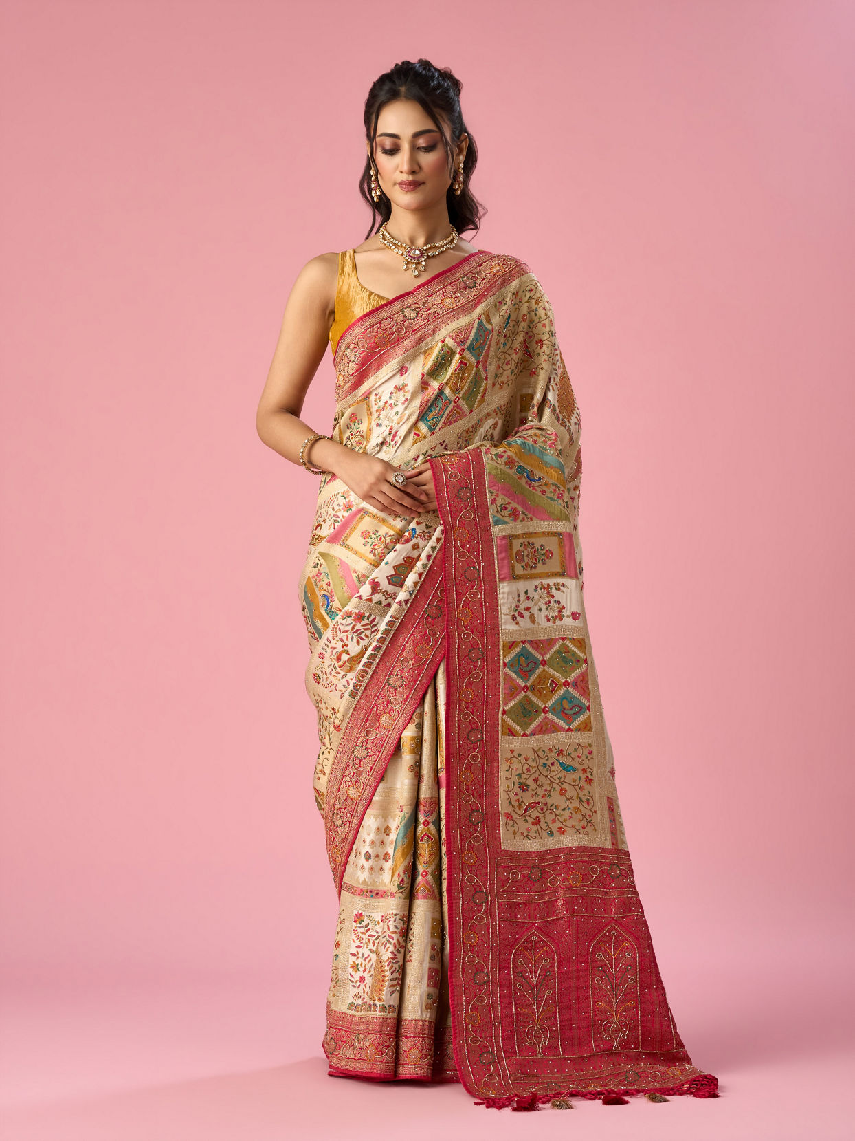 Mohey Women Cream Art Silk Saree with Hand Embroidery