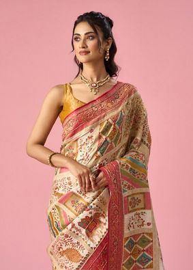 Mohey Women Cream Art Silk Saree with Hand Embroidery