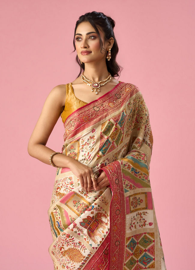 Mohey Women Cream Art Silk Saree with Hand Embroidery