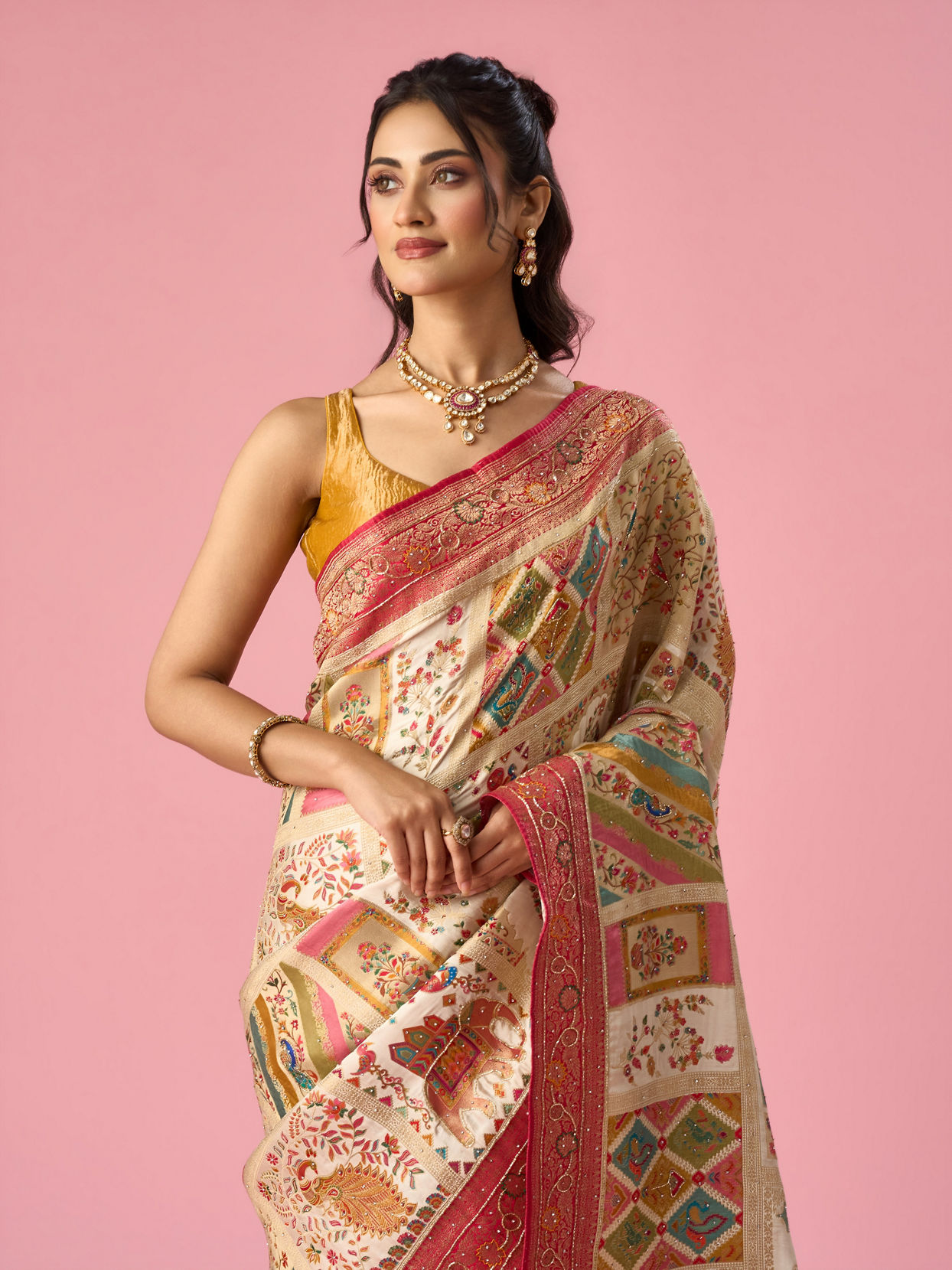 Mohey Women Cream Art Silk Saree with Hand Embroidery