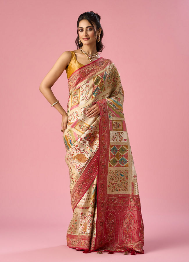 Mohey Women Cream Art Silk Saree with Hand Embroidery