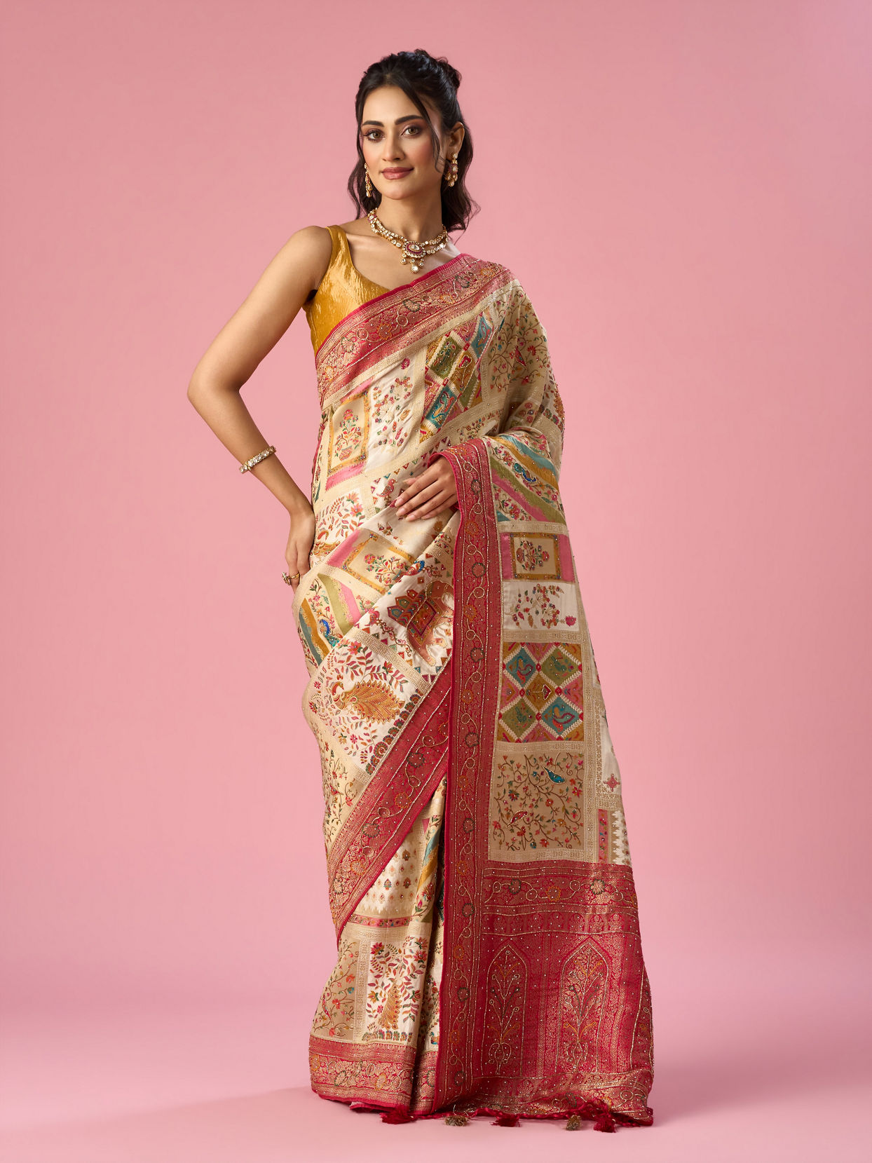 Mohey Women Cream Art Silk Saree with Hand Embroidery
