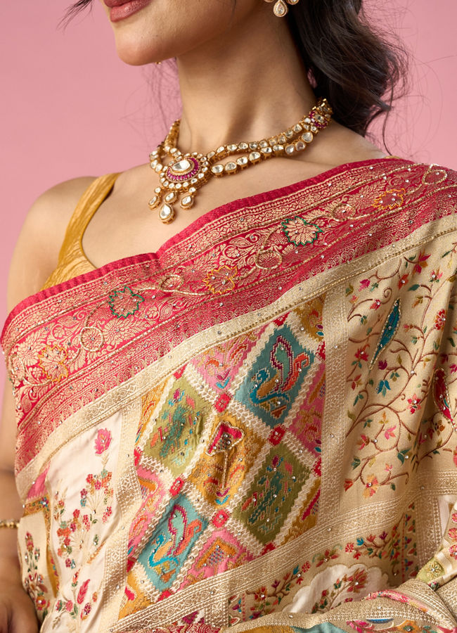 Mohey Women Cream Art Silk Saree with Hand Embroidery