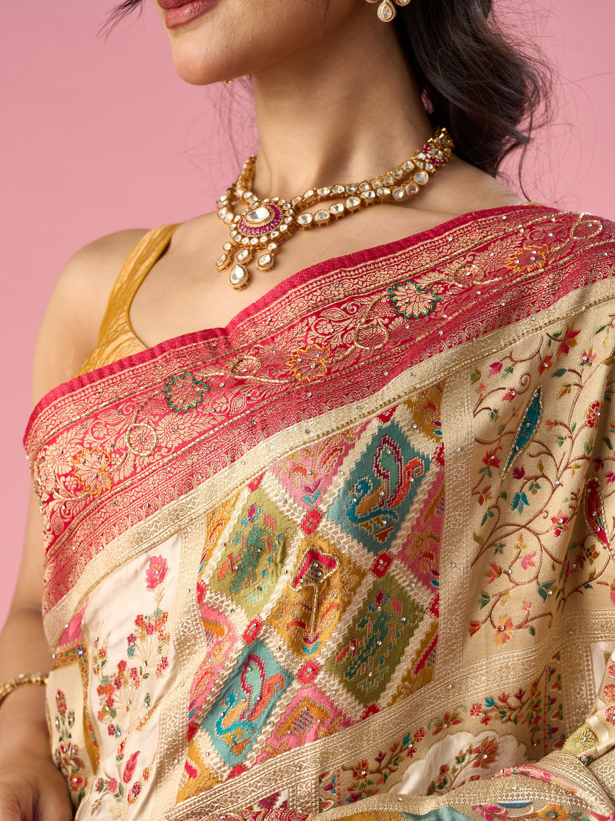 Mohey Women Cream Art Silk Saree with Hand Embroidery