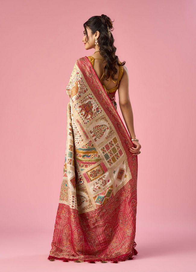 Mohey Women Cream Art Silk Saree with Hand Embroidery