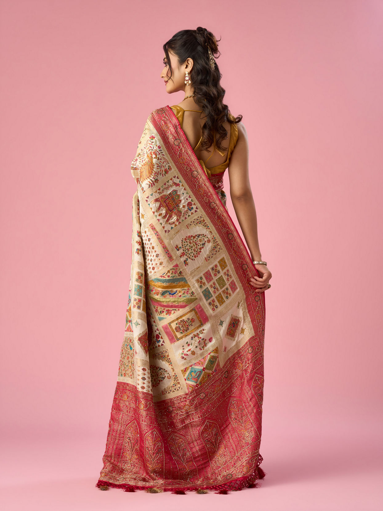 Mohey Women Cream Art Silk Saree with Hand Embroidery