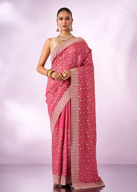 Mohey Women Pink Crepe Saree with Stone Work