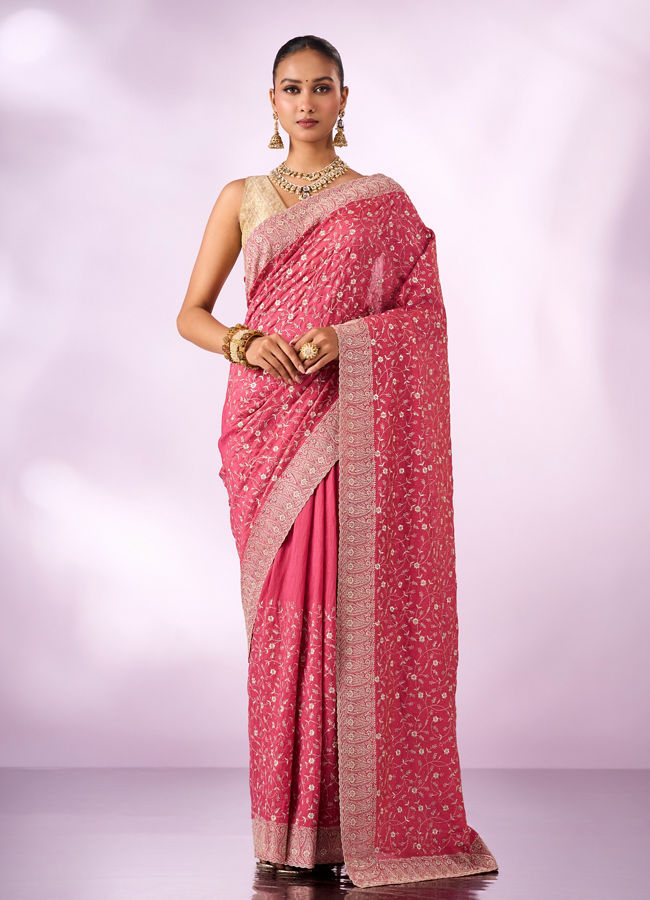 Mohey Women Pink Crepe Saree with Stone Work