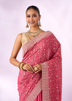 Mohey Women Pink Crepe Saree with Stone Work