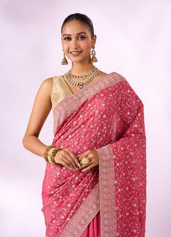 Mohey Women Pink Crepe Saree with Stone Work