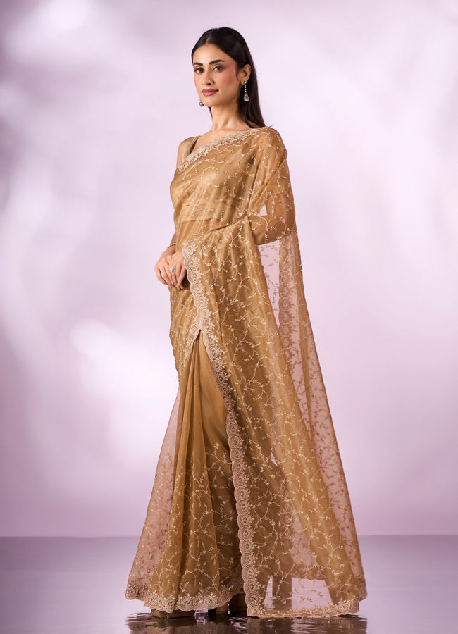 Mohey Women Green Net Saree with Cutdana Work