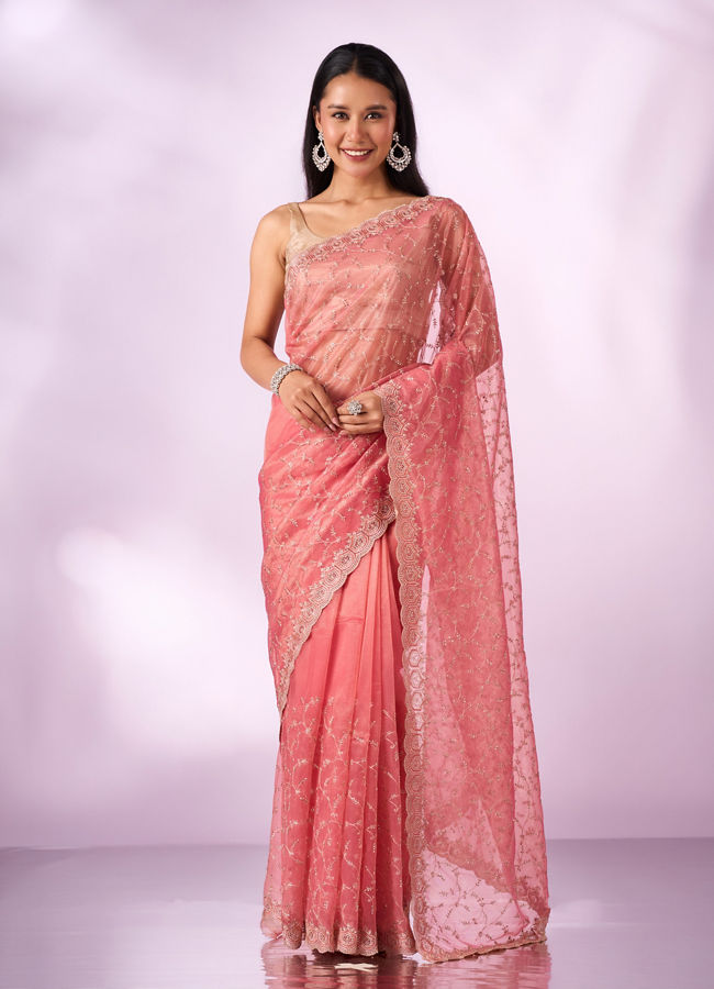 Mohey Women Pink Net Saree with Cutdana and Thread Work