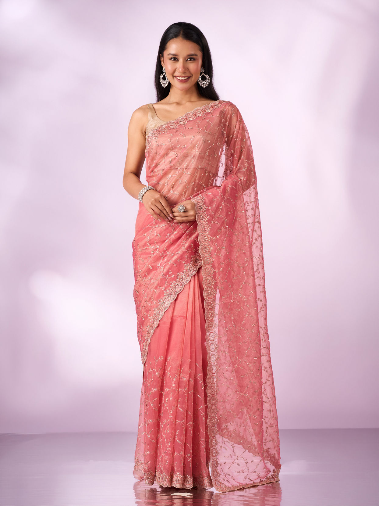 Mohey Women Pink Net Saree with Cutdana and Thread Work