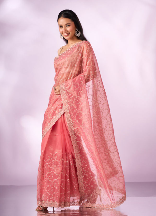 Mohey Women Pink Net Saree with Cutdana and Thread Work