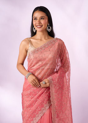 Mohey Women Pink Net Saree with Cutdana and Thread Work