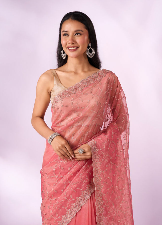 Mohey Women Pink Net Saree with Cutdana and Thread Work