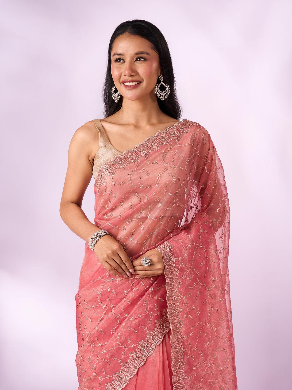 Mohey Women Pink Net Saree with Cutdana and Thread Work