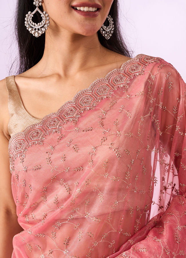Mohey Women Pink Net Saree with Cutdana and Thread Work
