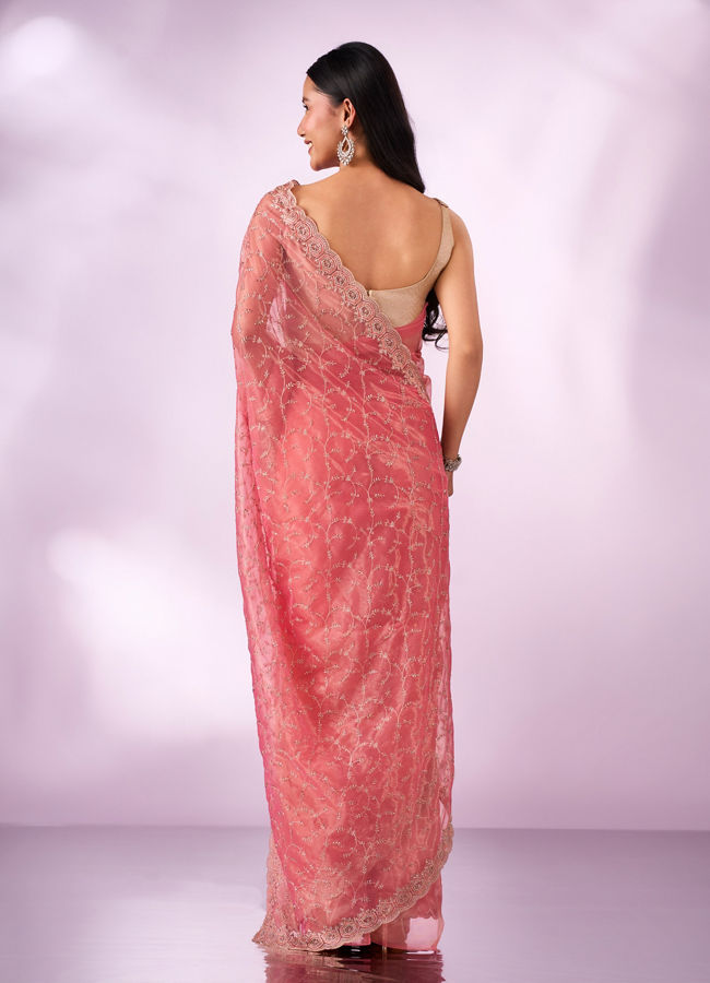 Mohey Women Pink Net Saree with Cutdana and Thread Work