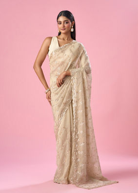 Mohey Women Cream Tissue Saree with Sequin Work