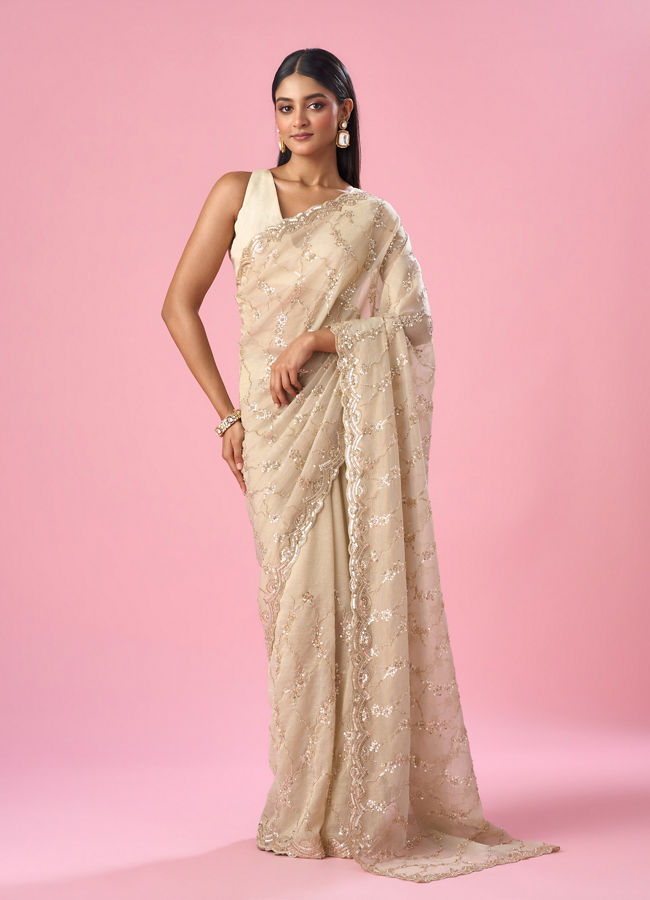 Mohey Women Cream Tissue Saree with Sequin Work