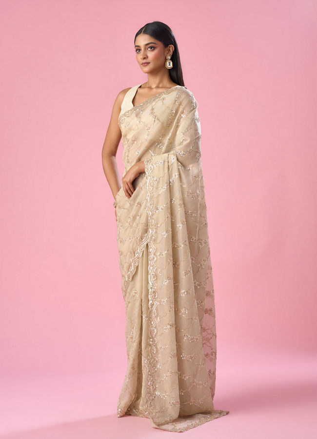 Mohey Women Cream Tissue Saree with Sequin Work