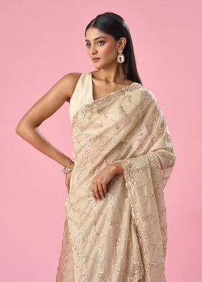 Mohey Women Cream Tissue Saree with Sequin Work