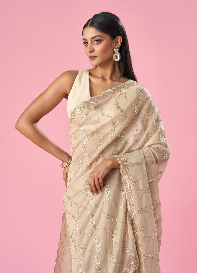 Mohey Women Cream Tissue Saree with Sequin Work