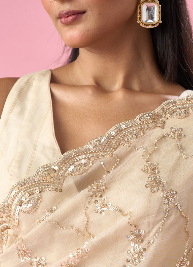 Mohey Women Cream Tissue Saree with Sequin Work