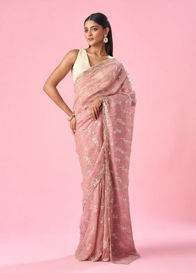 Mohey Women Pink Tissue Saree with Hand Embroidery