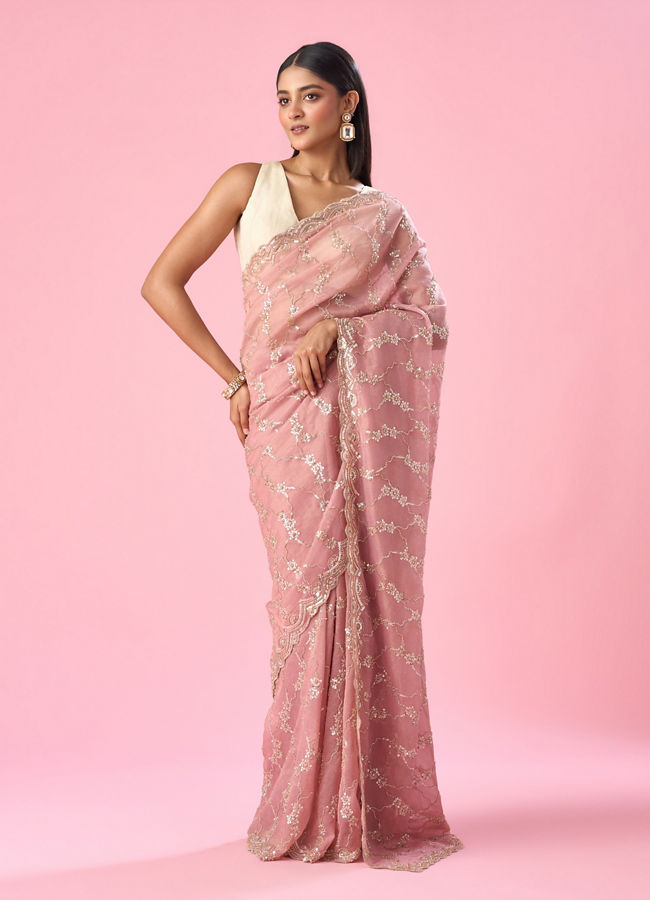 Mohey Women Pink Tissue Saree with Hand Embroidery