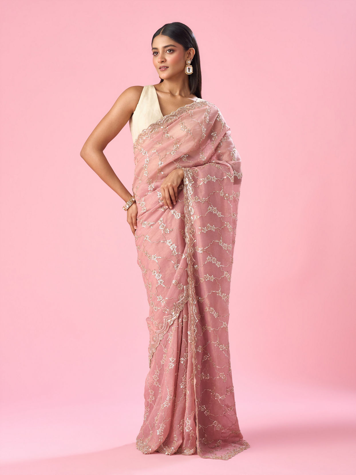 Mohey Women Pink Tissue Saree with Hand Embroidery